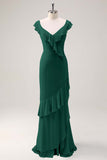 Dusty Sage Sheath V Neck Chiffon Long Bridesmaid Dress with Ruffles