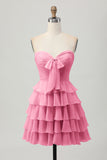 Cute Light Yellow Strapless Tiered A Line Short Prom Dress with Bow