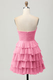 Cute Light Yellow Strapless Tiered A Line Short Prom Dress with Bow