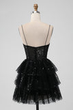 Sparkly Spaghetti Straps Tiered Little Black Dress with Sequins