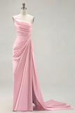 One Shoulder Green Ruched Satin Sheath Long Prom Dress with Slit