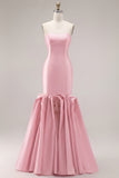 Mermaid Fuchsia Satin Strapless Long Prom Dress with 3D Flowers