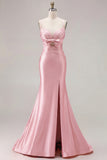 Mermaid Satin Fuchsia Ruched Spaghetti Straps Long Prom Dress with Slit