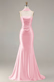 Strapless Mermaid Champagne Beaded Satin Long Prom Dress with Ribbon