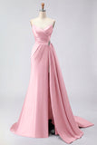 Royal Blue A Line Beaded Strapless Ruched Long Prom Dress with Slit