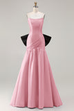Fuchsia Ruched A Line Strapless Ruched Long Prom Dress with Large Bow
