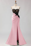 Black Green Mermaid Strapless Lace Ruched Long Prom Dress With Slit