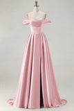 Blue Off the Shoulder A Line Satin Bridesmaid Dress