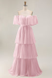 Dark Green Off The Shoulder Tiered A Line Long Bridesmaid Dress