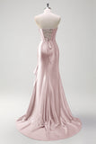 Sparkly Grey Blue Mermaid Ruffled Corset Strapless Satin Long Prom Dress with Slit