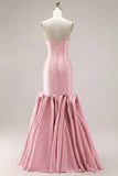 Mermaid Fuchsia Satin Strapless Long Prom Dress with 3D Flowers