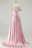 Blue Off the Shoulder A Line Satin Bridesmaid Dress