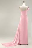One Shoulder Green Ruched Satin Sheath Long Prom Dress with Slit