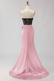 Black Green Mermaid Strapless Lace Ruched Long Prom Dress With Slit