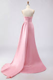 Royal Blue A Line Beaded Strapless Ruched Long Prom Dress with Slit
