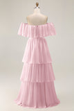 Dark Green Off The Shoulder Tiered A Line Long Bridesmaid Dress