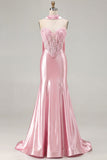 Blue Mermaid Corset Sweetheart Convertible Satin Long Prom Dress with Streamer