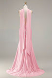 Strapless Mermaid Champagne Beaded Satin Long Prom Dress with Ribbon