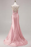 Mermaid Satin Fuchsia Ruched Spaghetti Straps Long Prom Dress with Slit