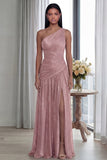 Gold One Shoulder Ruched A Line Evening Dress