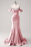 Mermaid Cold Shoulder Sequin Ruched Satin Golden Long Prom Dress