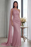 Navy One Shoulder Ruched Memaid Evening Dress