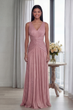 Ruched Dusty Rose A Line V Neck Evening Dress