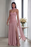 Strapless Ruched A Line Dusty Sage Evening Dress with Slit