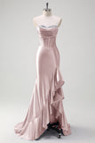 Sparkly Grey Blue Mermaid Ruffled Corset Strapless Satin Long Prom Dress with Slit