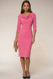 Navy 3/4 Sleeves Cowl Neck Pencil Midi Work Dress