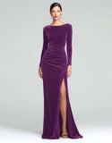 Burgundy Velvet Long Sleeve Holiday Party Dress with Slit