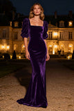 Half Sleeve Mermaid Navy Velvet Formal Dress