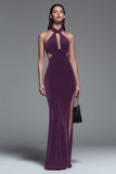 Halter Velvet Dark Green Mermaid Formal Dress with Slit