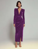 Olive Velvet V Neck Bodycon Midi Formal Dress