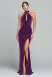 Halter Burgundy Velvet Mermaid Formal Dress with Slit