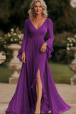 Dark Grey A Line Wrap Long Sleeves Ruffled Chiffon Mother of the Bride Dress