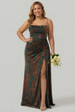 Dark Green Mermaid Corset Ruched Velvet Burnout Plus Size Long Bridesmaid Dress with Slit