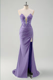 Green Mermaid Strapless Corset Sequin Long Prom Dress with Slit