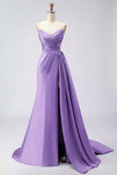 Royal Blue A Line Beaded Strapless Ruched Long Prom Dress with Slit