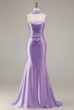 Strapless Mermaid Champagne Beaded Satin Long Prom Dress with Ribbon