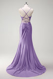 Black Mermaid Beaded Corset Satin Long Prom Dress with Slit