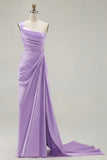 One Shoulder Green Ruched Satin Sheath Long Prom Dress with Slit