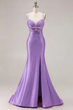 Mermaid Satin Fuchsia Ruched Spaghetti Straps Long Prom Dress with Slit