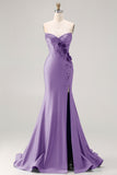 Royal Blue Mermaid Sweetheart Beaded Corset 3D Flower Long Prom Dress with Slit
