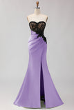 Black Green Mermaid Strapless Lace Ruched Long Prom Dress With Slit