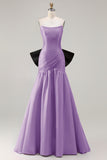 Fuchsia Ruched A Line Strapless Ruched Long Prom Dress with Large Bow