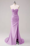 Dark Green Mermaid Strapless Ruched Corset Long Prom Dress with Slit