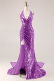 Sparkly Fuchsia Halter Long Prom Dress with Side Cape