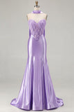 Blue Mermaid Corset Sweetheart Convertible Satin Long Prom Dress with Streamer