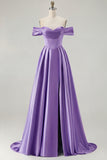 Blue Off the Shoulder A Line Satin Bridesmaid Dress